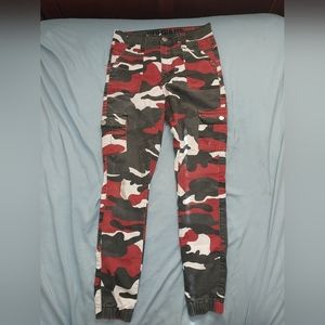 Red, white, and black camo jeans.